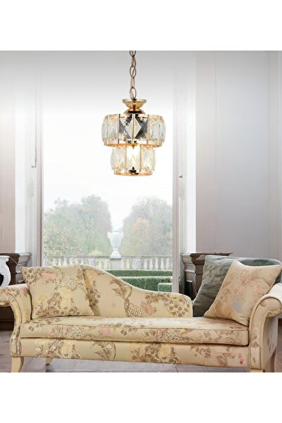 AILEEN Altın Kristal Taşlı Modern Sarkıt Avize - Tekli Beyaz Başlık, Salon Mu...