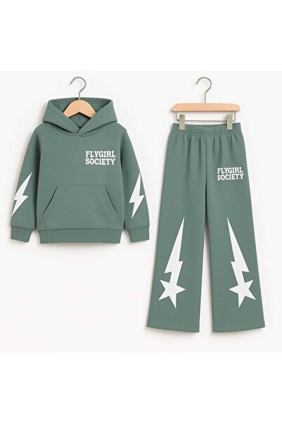 Midani Store Flygirl Society Lettering Hooded 2 Thread Tracksuit Set for Girls (Age 9-13) - Turquoise Brown