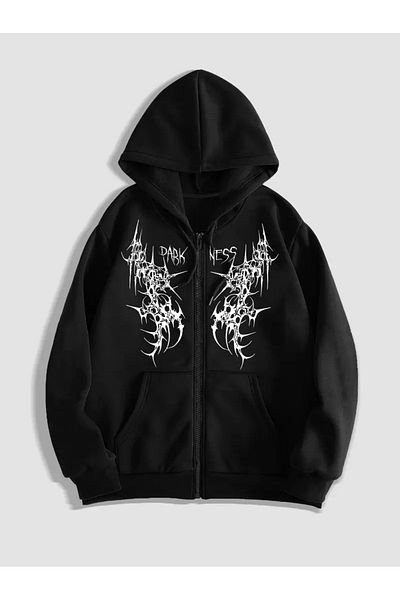 Touz Moda Gothic Printed Oversize Zippered Black Unisex Hooded Cardigan