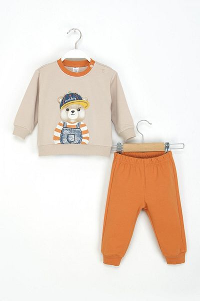 Mini Cotton Boy's Teddy Bear Patterned Ribbed Tracksuit Set