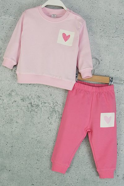 Mini Cotton Girl's Heart Printed Ribbed Tracksuit Set