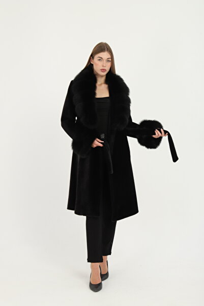 ESİN GİYİM Zarif Alcantara Kumaşlı Kürk Detaylı Kemerli Kadın Kaban