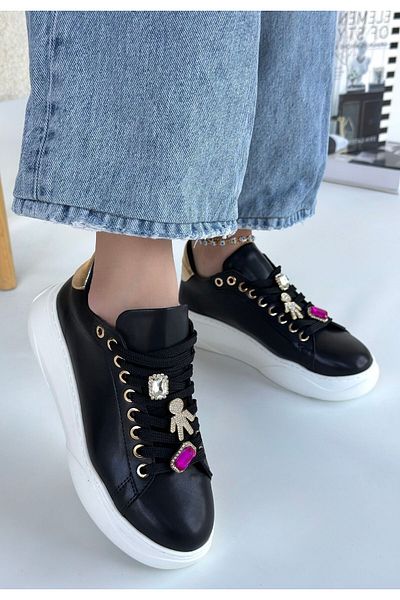 Zerenyus Lemda Premium Black Stone Accessory Lace-Up Women's Sneaker