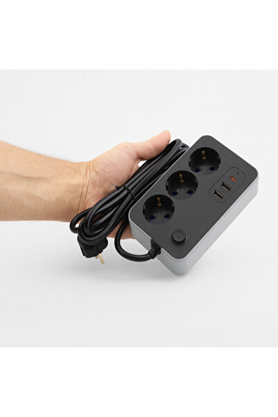 Badem10 3 Prizli 3 USB Girişli Çocuk Akım Korumalı Topraklı Golyat Grup Şarj Fiş Priz 2 Metre Uzatma Kablosu