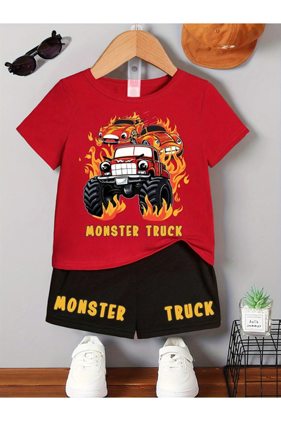 Styli Boys Red Monster Truck Graphic T-Shirt and Shorts Set