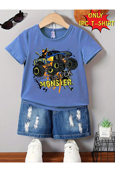 Styli تي شيرت أزرق برسومات شاحنة الوحش للأولاد
