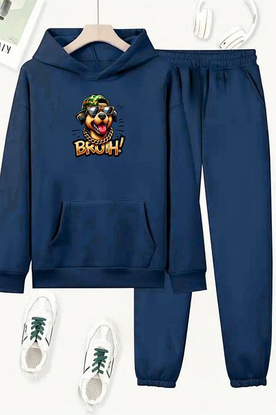 VBSVİBES Unisex Navy Blue Bruh Printed Tracksuit Hoodie - Winter Embossed Fabric