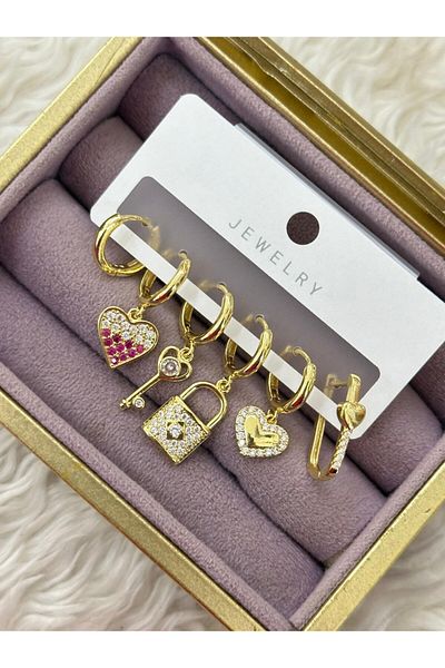 BY YASİN TOPÇU Vip Gold Color 6Pcs Key & Heart Charm Earring Set