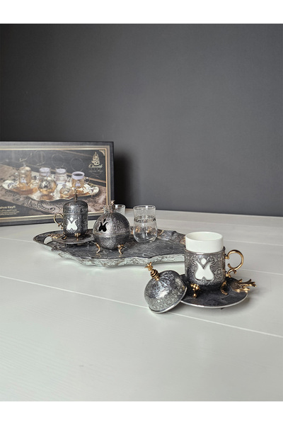 EVİMTATLIEVİM Nostalgic Two-Person Tray Turkish Coffee Cup Set with Turkish Delight Bowl and Glass Antique Nickel