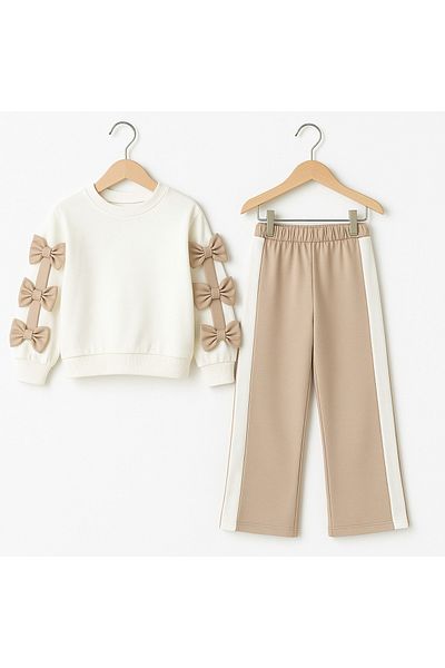 Midani Store Bow Detailed 2 Thread Girls Tracksuit Set (Age 8-12) - Cream Top / Beige Bottom White Top / Blue Bottom