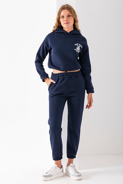 GİYSA Women's Hooded Sporty Embroidered Stopper Detailed Tracksuit Set Navy Blue - 2607