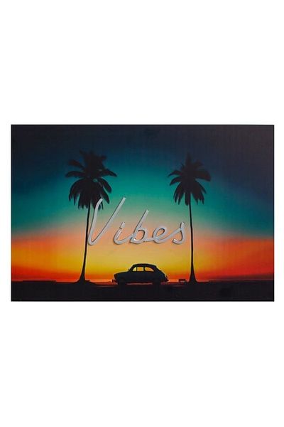 divendi-ro Decorative wooden LED wall art with Vibes sunset pattern, 60x40 cm, multicolor