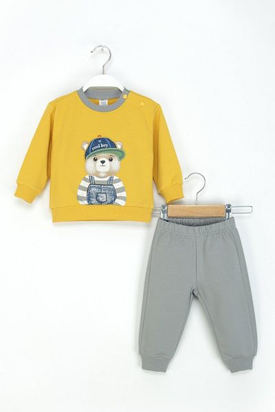 Mini Cotton Boy's Teddy Bear Patterned Ribbed Tracksuit Set