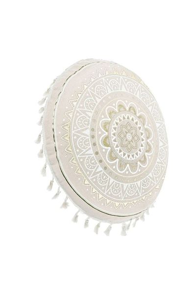 divendi-ro Round floor cushion, mandala pattern with fringes, without zipper, Ø60 cm, beige/golden