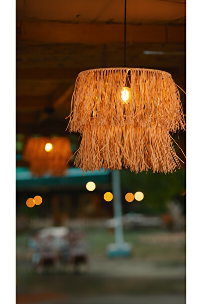 BOHEM SANATIM Bohem Saçaklı Hasır Sık Örme 2 Katlı Rafya Avize - Kafe, Sahil, Bungalov Aydınlatma (BEYAZ DUY)