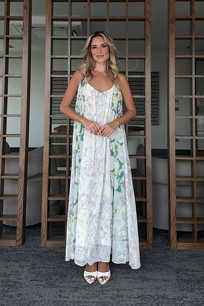 Laluvia Green Floral Patterned Strap Draped Dress