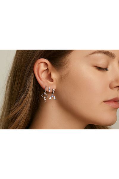 BY YASİN TOPÇU Silver Colored Rainbow and Lightning Themed Set of 5 Earrings