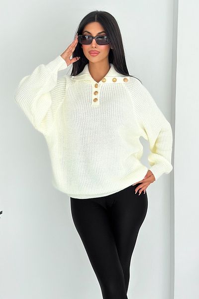 FEMELLE Ecru Gold Button Detailed Oversize Knitwear Sweater - Polo Neck Standard Size