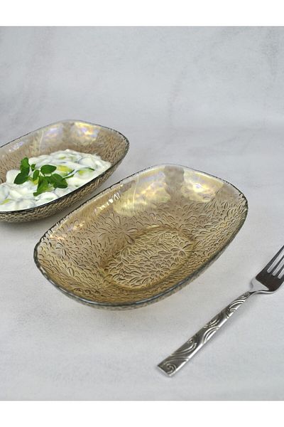 Qualitev 4 Pieces Smoked Glass Boat Plate 20 cm Appetizer Presentation Plate Lustre Bowl