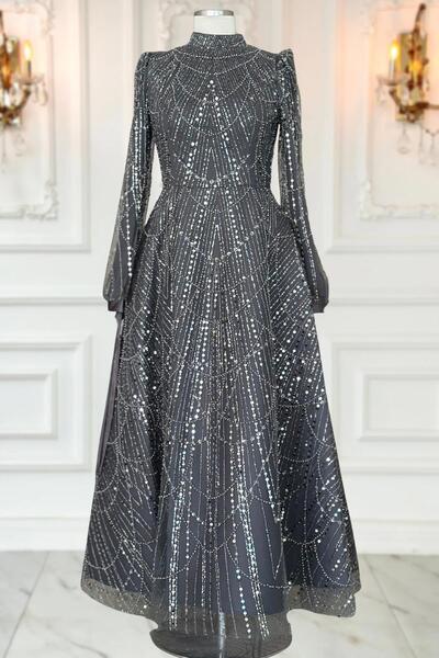 Amine Hüma Karina Abiye Elbise Antrasit