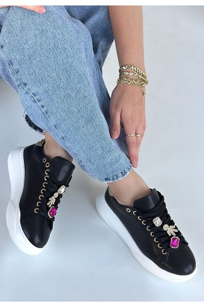 Zerenyus Lemda Premium Black Stone Accessory Lace-Up Women's Sneaker