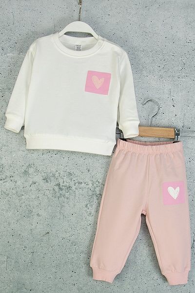 Mini Cotton Girl's Heart Printed Ribbed Tracksuit Set