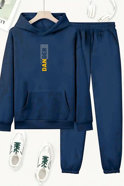VBSVİBES Unisex Navy Blue Danger Printed Tracksuit Hoodie - Winter Raised Fabric