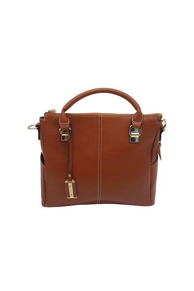 L-line fashion Women's Bag, Leather, Caramel Brown, White Stitching