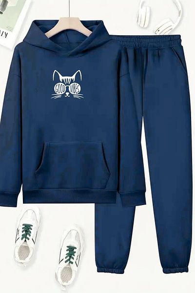 VBSVİBES Unisex Navy Blue Good Vibes Cat Printed Tracksuit Hoodie - Winter Embossed Fabric