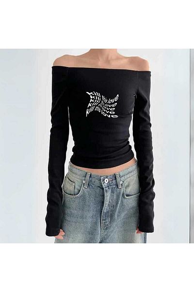 Touz Streetwear Printed Lace Black Long Sleeve Blouse