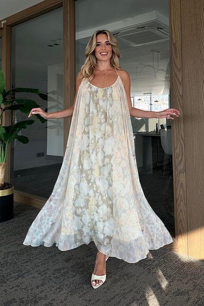 Laluvia Stone Flower Patterned Strap Draped Dress