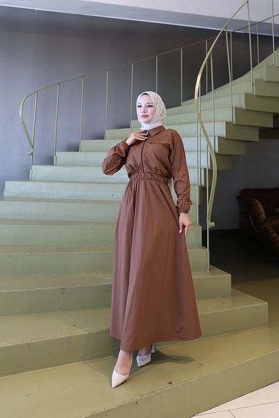 modessia Women's Aci Brown Poplin Zippered Jacket+Skirt Double Set
