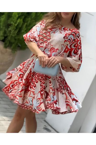 Modayakamoz New Season Women's Short Balloon Sleeve Round Neck Pleated Patterned Mini Dress