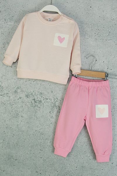 Mini Cotton Girl's Heart Printed Ribbed Tracksuit Set