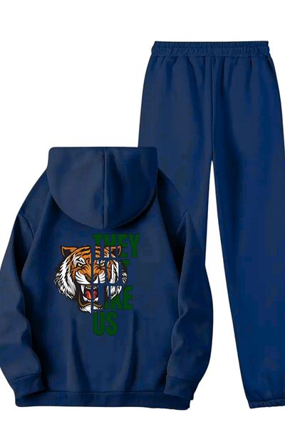 VBSVİBES Unisex Navy Blue Tiger Printed Tracksuit Hoodie - Winter Embossed Fabric