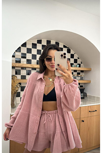 St boutique Gül Kurusu Şort Gömlek Takım