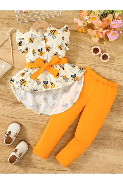 Styli Girls Bee Print Bow Decor Top and Leggings Set