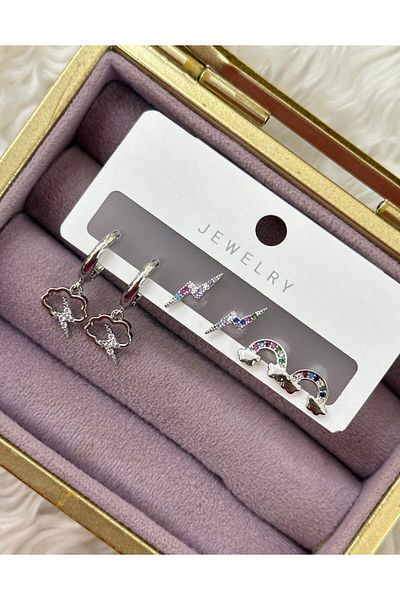 BY YASİN TOPÇU Silver Colored Rainbow and Lightning Themed Set of 5 Earrings