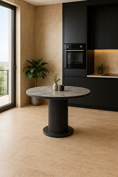 DENGEMA İstanbul’81 Yuvarlak Masa – Gri Mermer Desen, Siyah Ayak – Ø120 cm