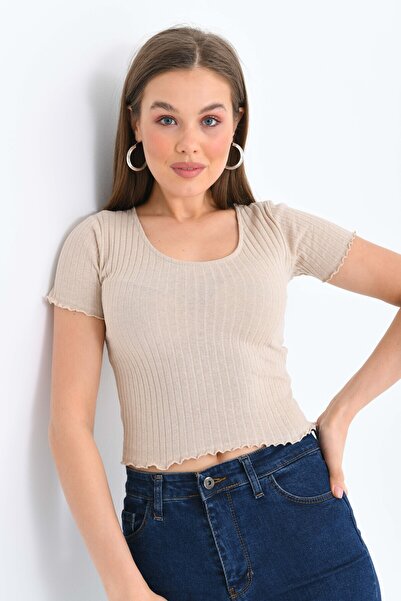 MOVİMENT Bluză pentru femei, cremă material reiat mulat cu decolteu în formă ...