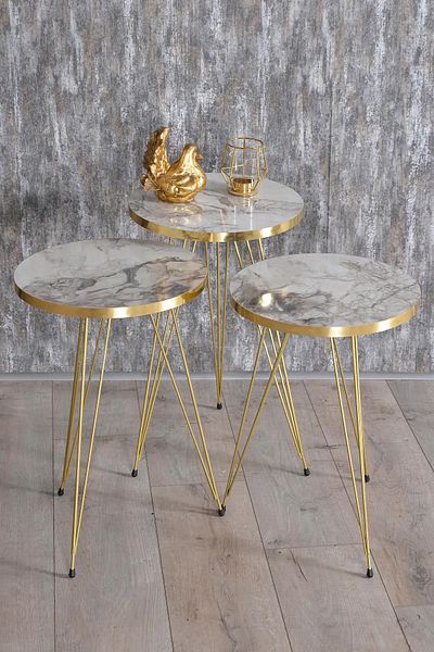 GOLDFALEZ Gold Efes Nesting Tables Set with Wire Legs - Modern Round Tables (Set of 3)