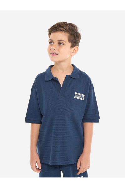 Victor and Jane By Styli Boys Textured Polo T-Shirt and Patch Detail Shorts Set