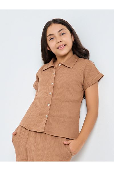 Styli Girls Brown Cotton Double Gauze Shirt