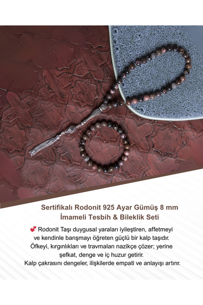 Saff Doğal Taş Sertifikalı Rodonit 925 Ayar Gümüş 8 mm İmameli Tesbih & Bilek...