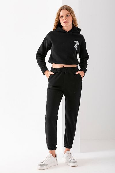 GİYSA Women's Hooded Sporty Embroidered Stopper Detailed Tracksuit Set Black - 2607