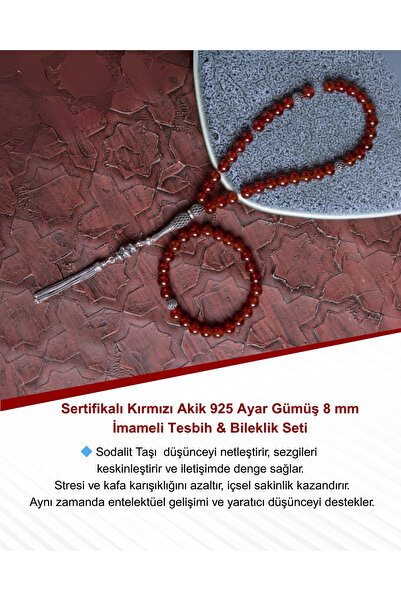 Saff Doğal Taş Sertifikalı Kırmızı Akik 925 Ayar Gümüş 8 mm İmameli Tesbih & ...
