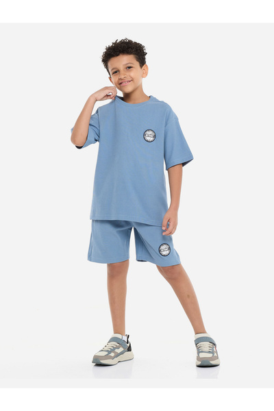 Victor and Jane By Styli Boys Blue Textured Ribbed T-Shirt and Shorts Set