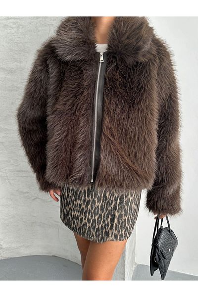 NET OF NOT Annabel Bitter Brown Shawl Collar Comfortable Fit Inner Lined Premium Quality Zr Fur Coat