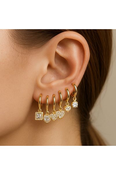 BY YASİN TOPÇU Vip Gold Color 3-Piece Stone Charm Earring Set