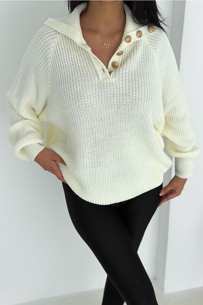 FEMELLE Ecru Gold Button Detailed Oversize Knitwear Sweater - Polo Neck Standard Size